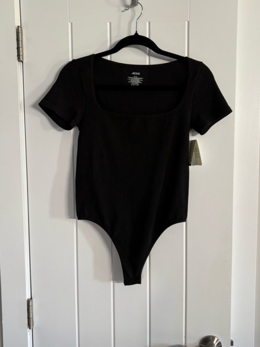 Ardene Black Ribbed Square Neck Short Sleeve Bodysuit